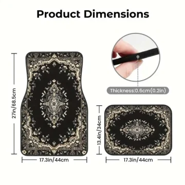 Product dimensions infographic: black patterned rug (27in/68.5cm tall, 17.3in/44cm wide) and matching rectangular mat (13.4in/34cm tall, 17.3in/44cm wide) with a 0.6cm (0.2in) thickness shown in a circular close-up.