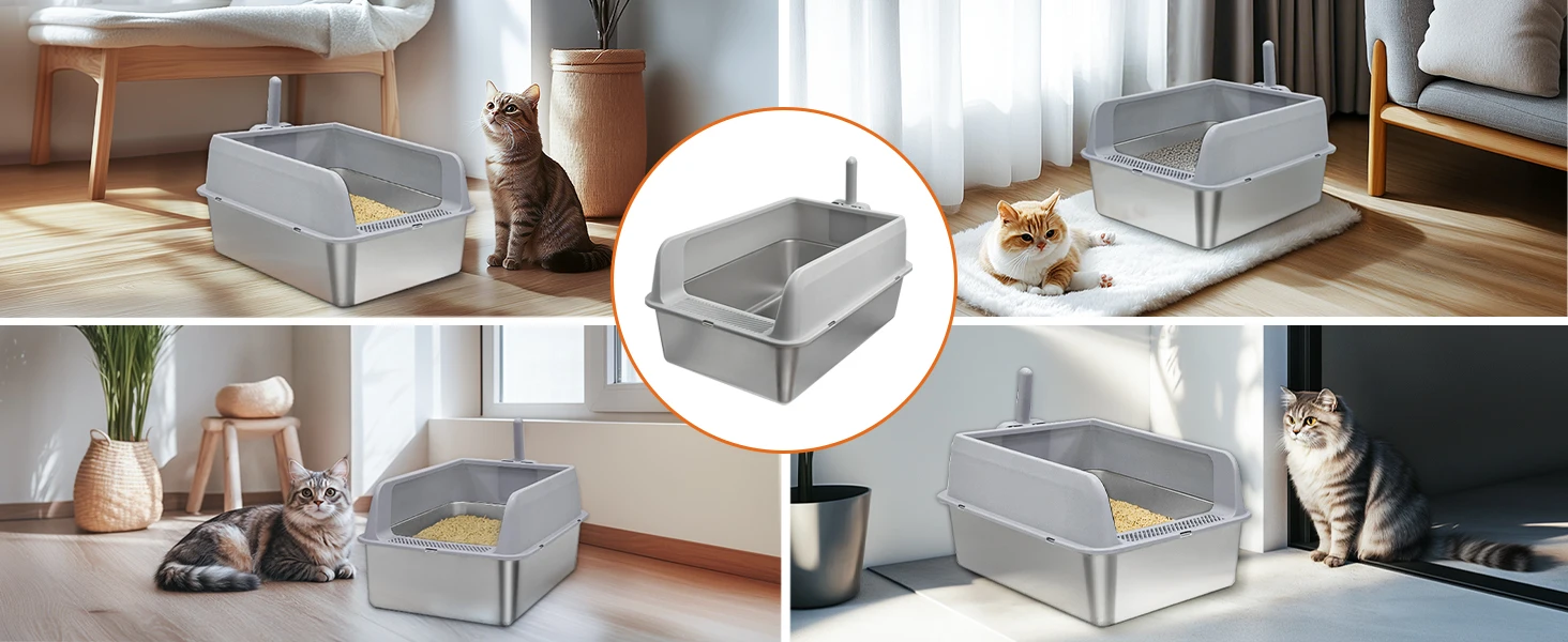 Stainless Steel Cat Litter Box Semi-Open High-Sided Pan 13