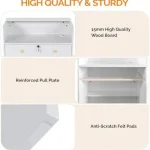 Product feature collage for a white cabinet 15mm wood board reinforced pull plate and anti scratch felt pads highlighted caption reads HIGH QUALITY  STURDY | PricZone
