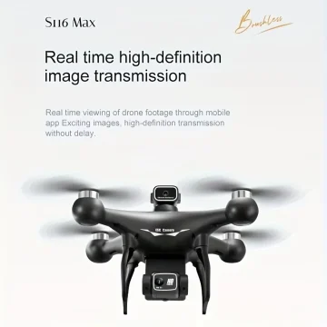 Promo image of a black quadcopter drone with a front-facing camera, advertising real-time HD image transmission.
