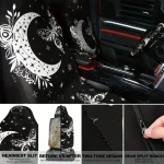 Black car seat covers with white moon stars and butterfly designs for front and rear seats with removable headrests Two tone celestial fabric set for a car interior featuring moons and butterflies on black background | PricZone