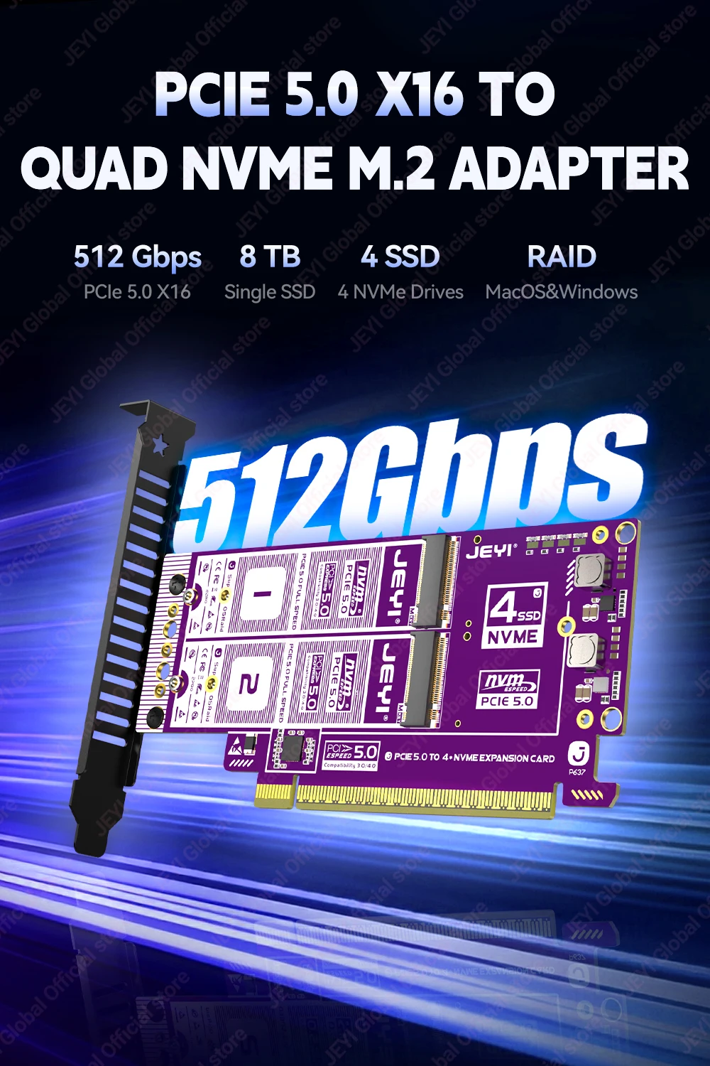 Jeyi Pcie 5.0 X16 Quad M.2 Expansion Card 512Gbps Support 7
