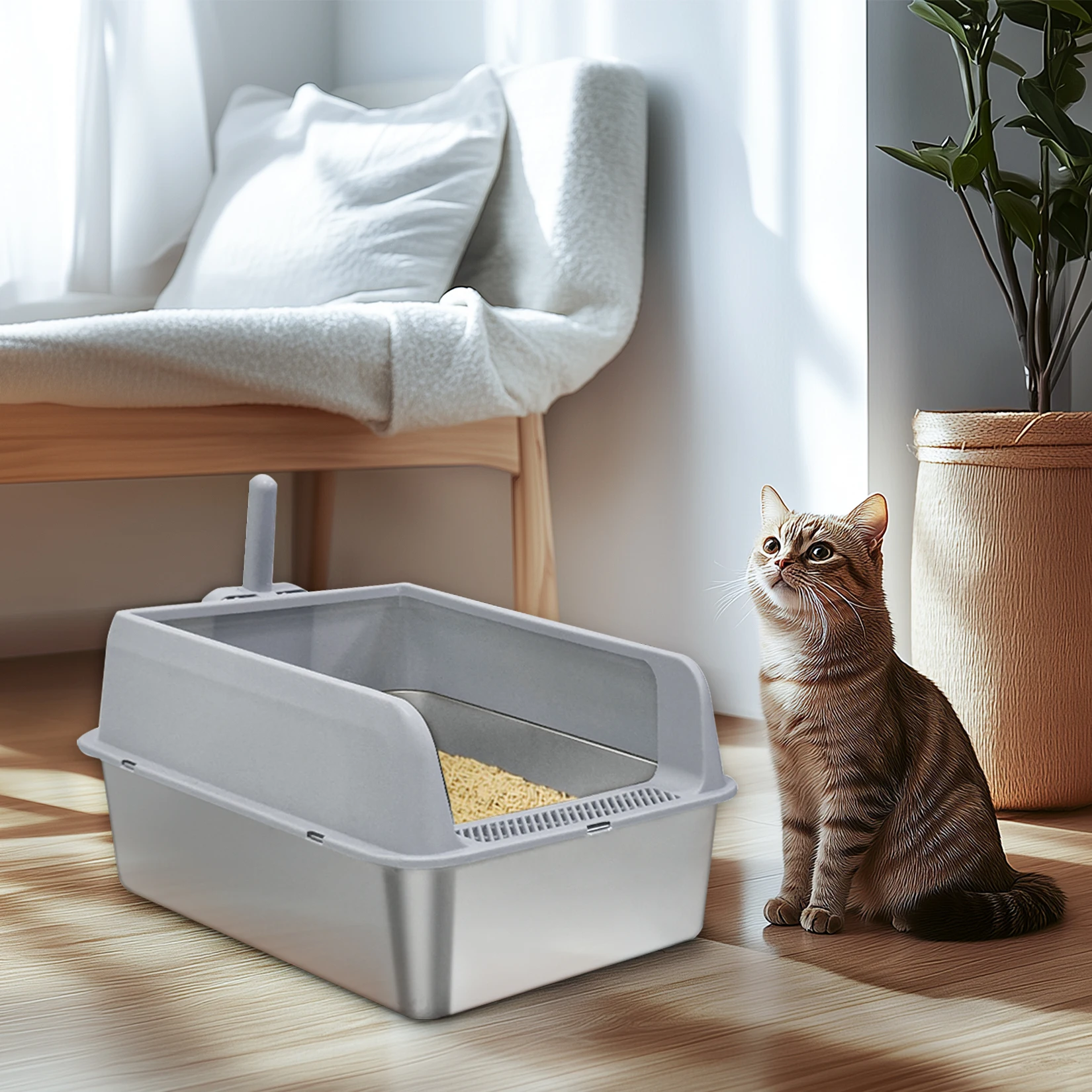 Stainless Steel Cat Litter Box Semi-Open High-Sided Pan 21