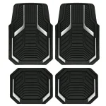 Set of four black car floor mats with embossed geometric tread patterns and silver trim accents | PricZone
