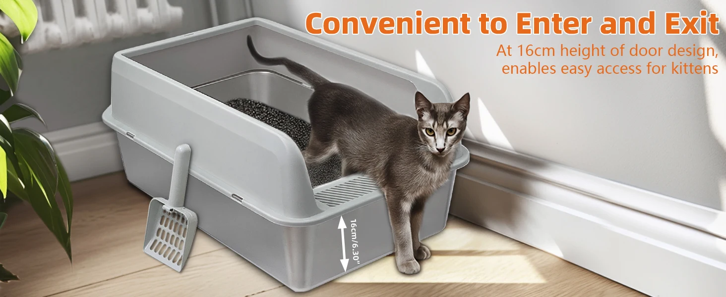 Stainless Steel Cat Litter Box Semi-Open High-Sided Pan 11