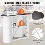 Portable Exhibition Counter Stand with Foldable Wall 3 | PricZone Infographic showing a display table with storage boxes and orange 65 lb and 40 lb tags highlighting a lacquered wood tabletop and aluminum frame framework | PricZone
