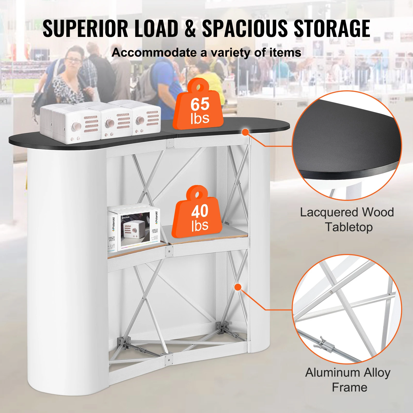Portable Exhibition Counter Stand with Foldable Wall 3 | PricZone Infographic showing a display table with storage boxes and orange 65 lb and 40 lb tags highlighting a lacquered wood tabletop and aluminum frame framework | PricZone