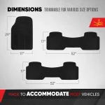 Chevrolet Traverse All Weather Rubber Floor Mats 3 Row Black 6 | PricZone Infographic showing car floor mat dimensions a 29 inch tall left mat 17 inch wide and a 52 inch long center piece with 17 inch sections on either side red scissors icon in the top right corner indicating trimming | PricZone