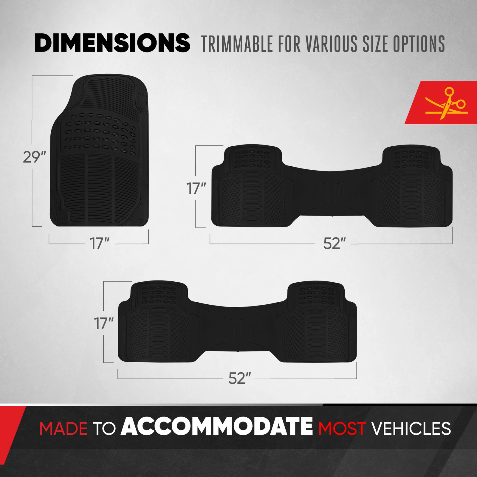 Chevrolet Traverse All Weather Rubber Floor Mats 3 Row Black 6 | PricZone Infographic showing car floor mat dimensions a 29 inch tall left mat 17 inch wide and a 52 inch long center piece with 17 inch sections on either side red scissors icon in the top right corner indicating trimming | PricZone