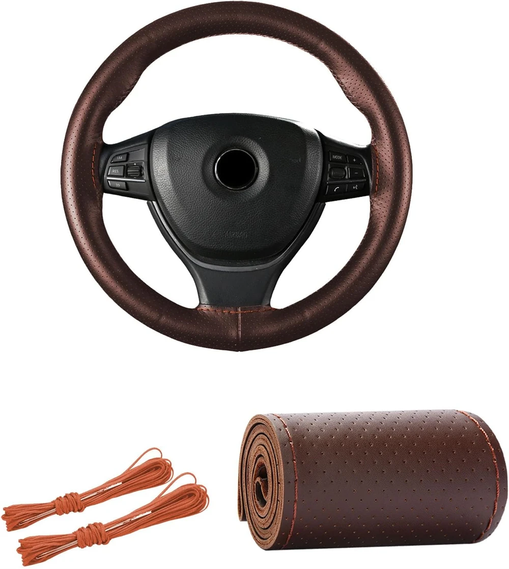 38Cm Genuine Leather Steering Wheel Cover with Hand Sewing 7