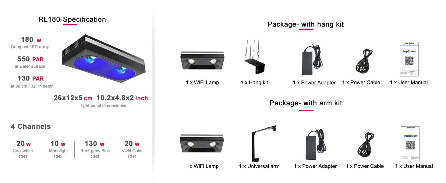 Popbloom Rl180 WiFi LED Aquarium Reef Light 180W Full 22