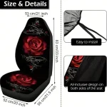 Car seat cover with a black background and red rose floral design shows dimensions 83 cm high 53 cm wide and easy installation | PricZone