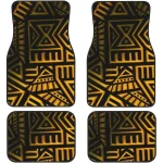 Four square decorative mats with a black background and gold geometric tribal pattern arranged in a 2 by 2 grid with rounded corners | PricZone