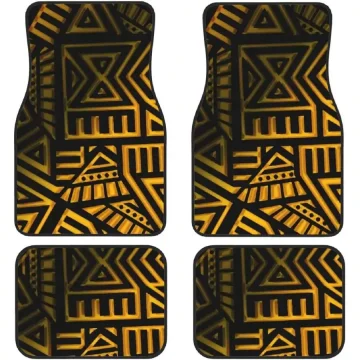 Four square decorative mats with a black background and gold geometric tribal pattern, arranged in a 2-by-2 grid with rounded corners.