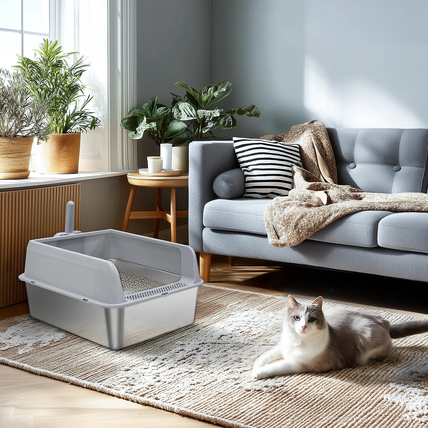 Stainless Steel Cat Litter Box Semi-Open High-Sided Pan 22