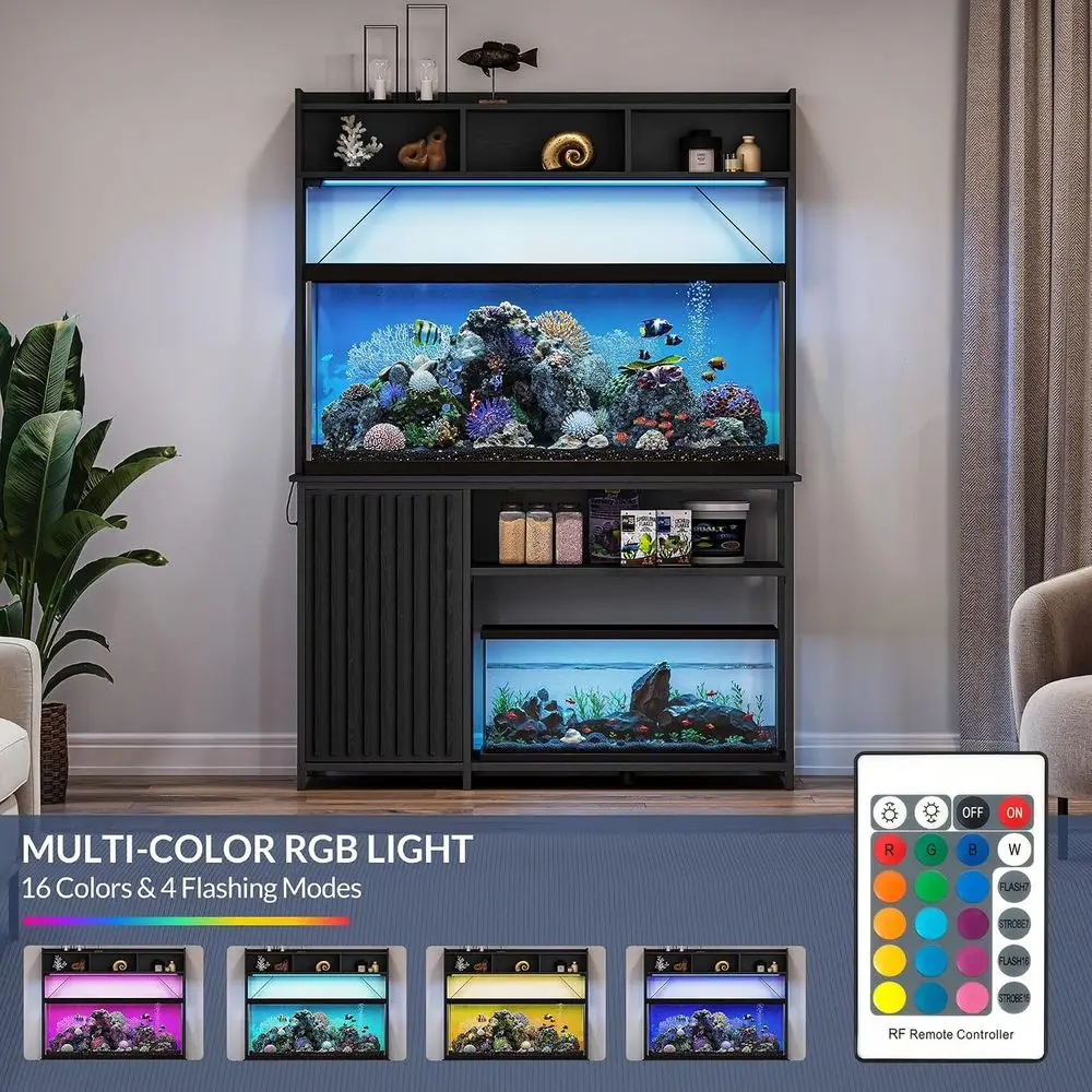 90 Gallon Aquarium Stand with LED Lights Cabinet Storage 9