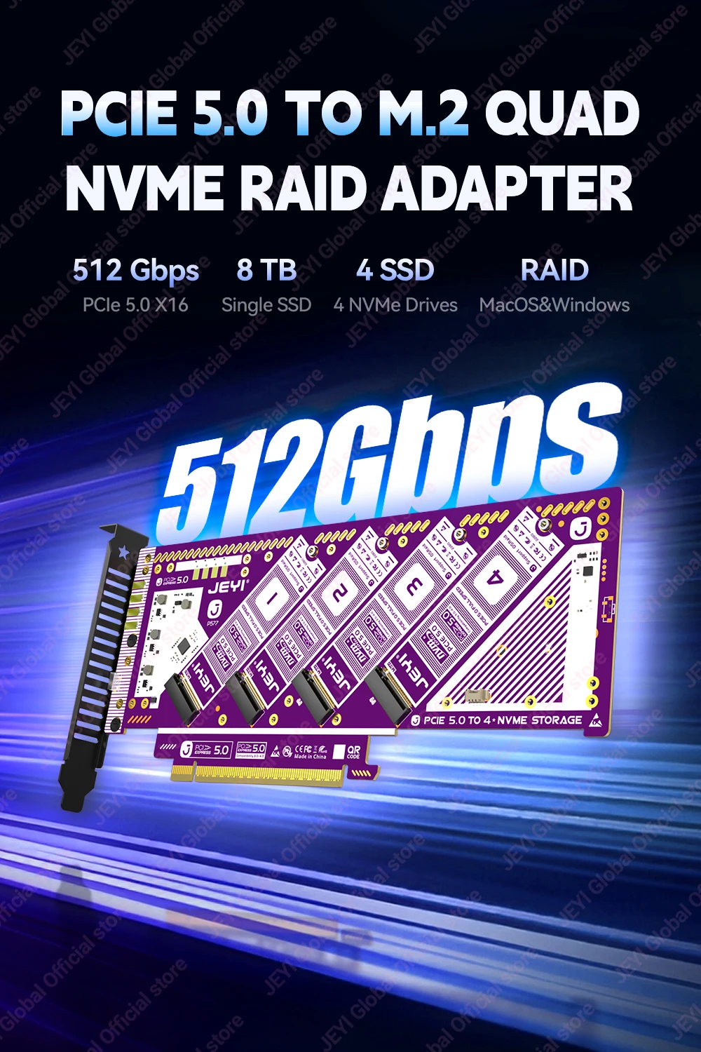 Jeyi Pcie 5.0 X16 Quad M.2 Expansion Card with 4-Bay Nvme 9