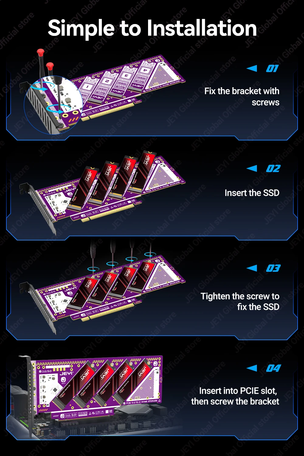 Jeyi Pcie 5.0 X16 Quad M.2 Expansion Card with 4-Bay Nvme 18