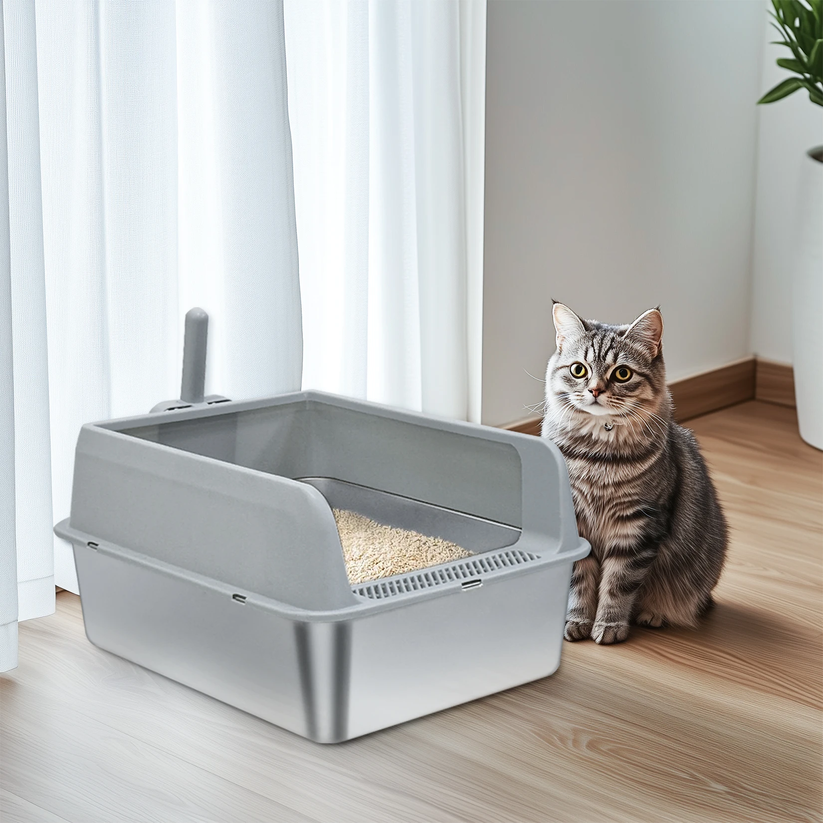 Stainless Steel Cat Litter Box Semi-Open High-Sided Pan 23