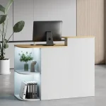 Modern white reception desk with a wooden top and a computer monitor plus open illuminated shelves holding a plant and organized binders | PricZone