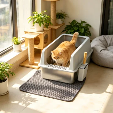 Large Stainless Steel Cat Litter Boxes with Scoop and Mat 1