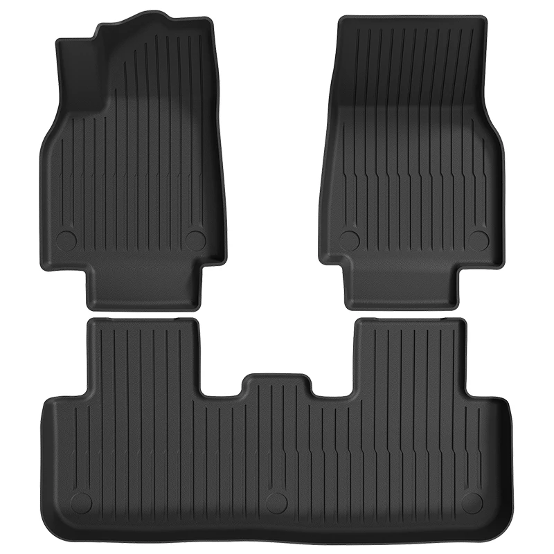 Tesla Floor Mat Model Y 3 Car Trunk Luggage TPE Waterproof 6 | PricZone Set of three black rubber car floor mats two front mats and a rear mat with a center notch and grooves for grip | PricZone