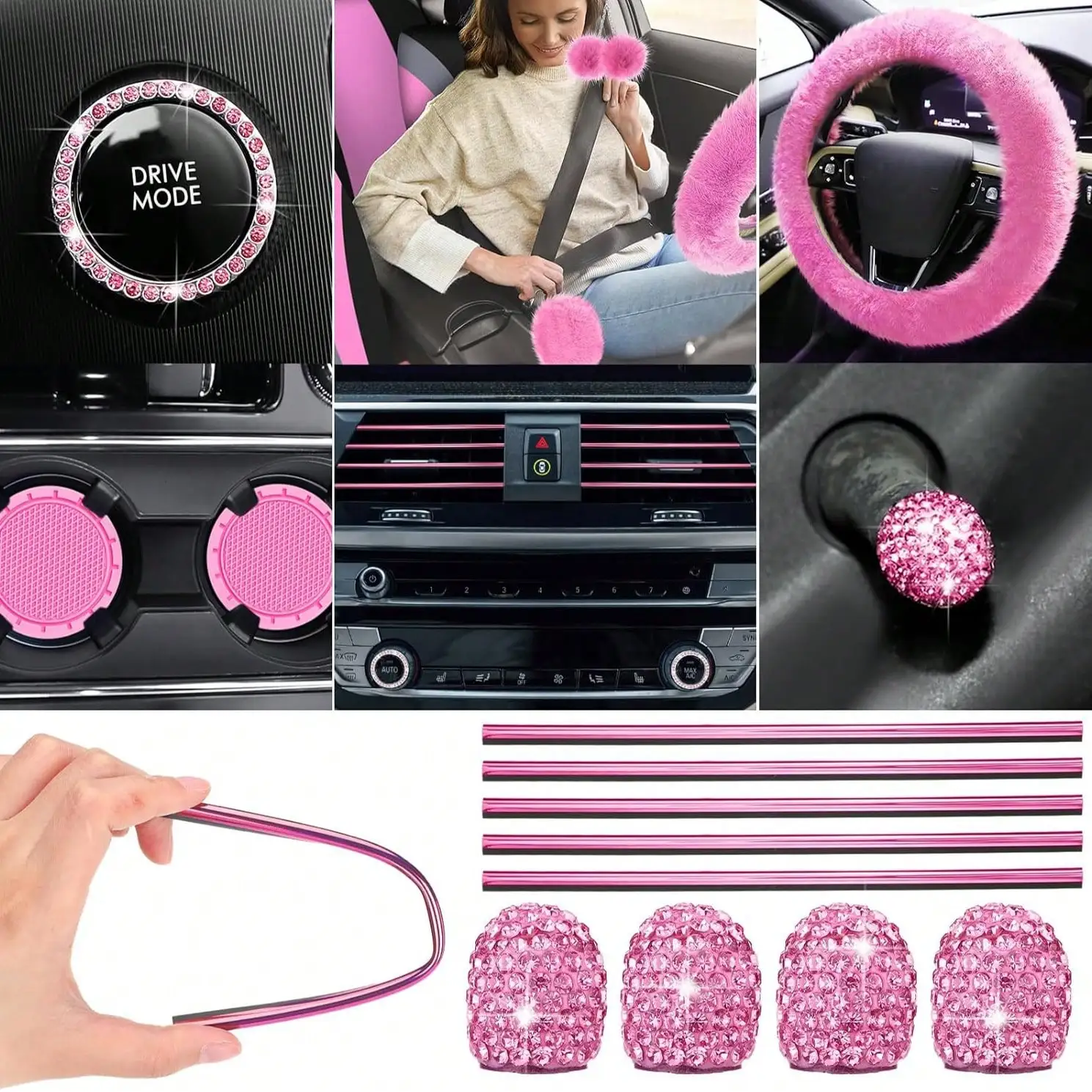 Piece Luxury Car Seat Cover Set with Soft Fluffy Steering 8 | PricZone collage of pink car accessories fuzzy steering wheel cover speaker covers dashboard trim and seat belt accessories in a stylish pink theme | PricZone