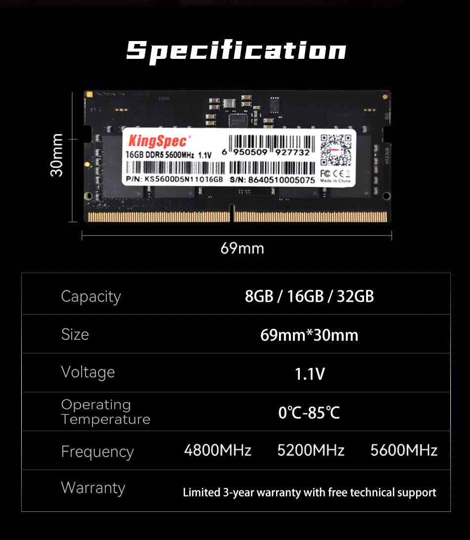 Kingspec 16Gb Ddr5 RAM 5600Mhz Laptop Memory 14