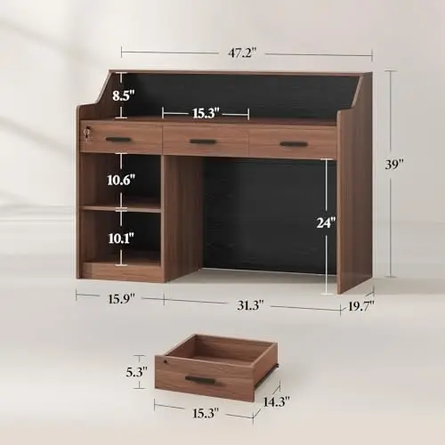 Modern Reception Desk with Counter and Storage 2 | PricZone Wooden desk with left side cubby shelves three top drawers and a large central open compartment dimension labels shown in the image | PricZone