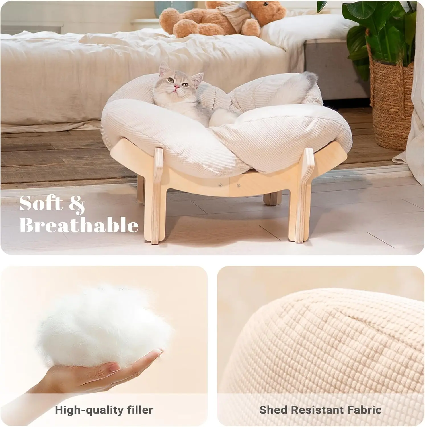 Elevated Wooden Cat Bed with Cushion Fluffy Pet Couch Sofa 3 | PricZone Elevated Wooden Cat Bed with Cushion Fluffy Pet Couch Sofa 3 | PricZone