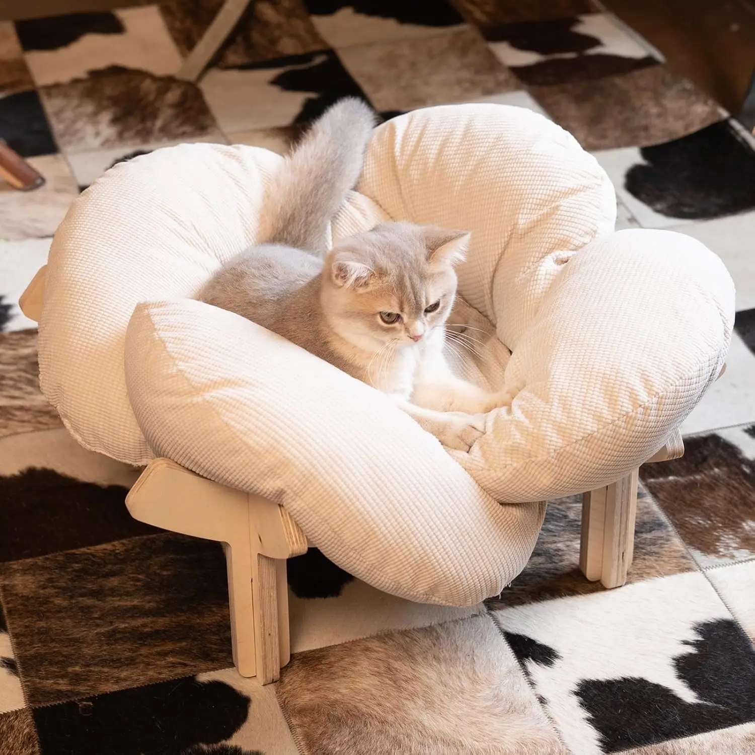 Elevated Wooden Cat Bed with Cushion Fluffy Pet Couch Sofa 6 | PricZone Elevated Wooden Cat Bed with Cushion Fluffy Pet Couch Sofa 6 | PricZone