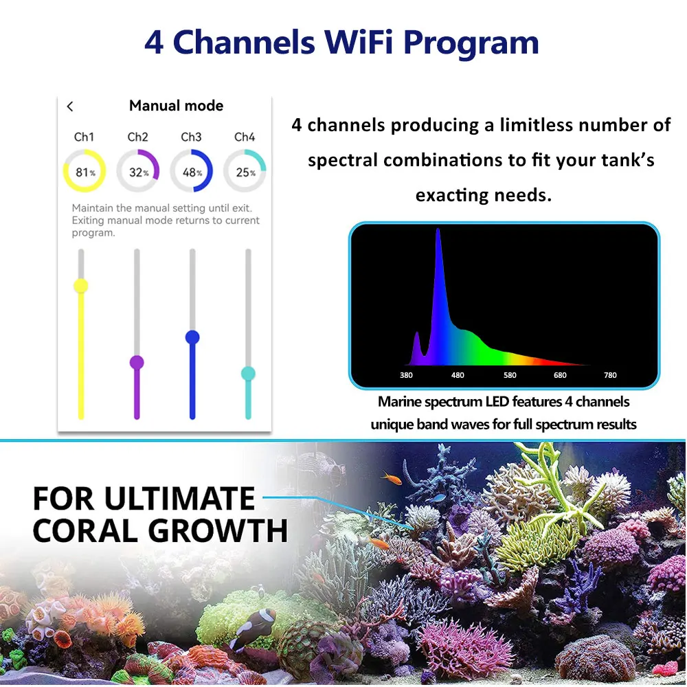Popbloom-Rl90 WiFi LED Aquarium Light 200W Reef Marine Lamp 16