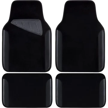 Set of four black car floor mats (two front with heel pad, two rear) for full-seat coverage.