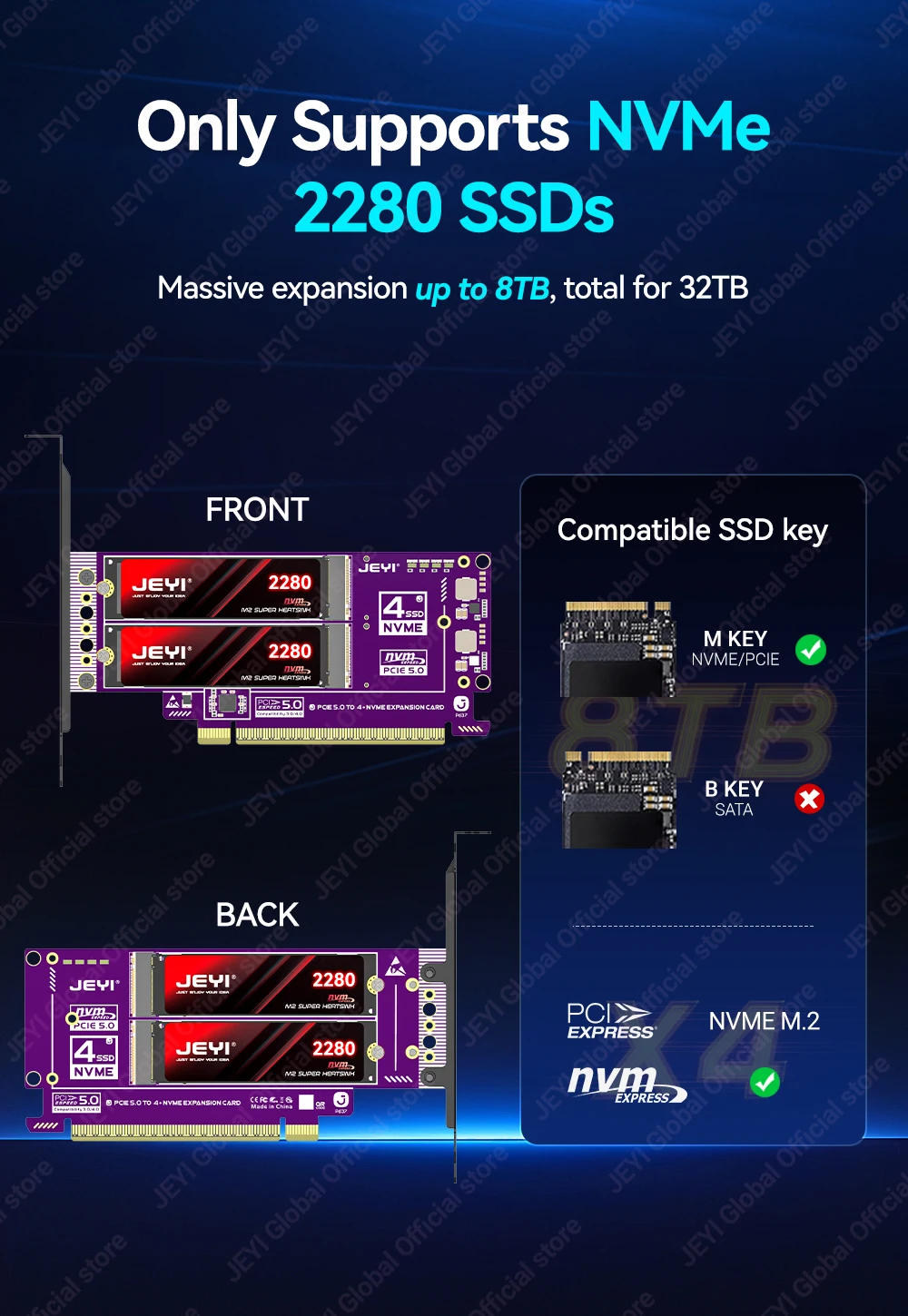 Jeyi Pcie 5.0 X16 Quad M.2 Expansion Card 512Gbps Support 13