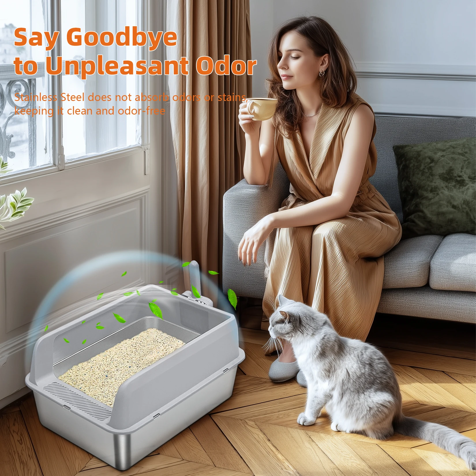 Stainless Steel Cat Litter Box Semi-Open High-Sided Pan 15