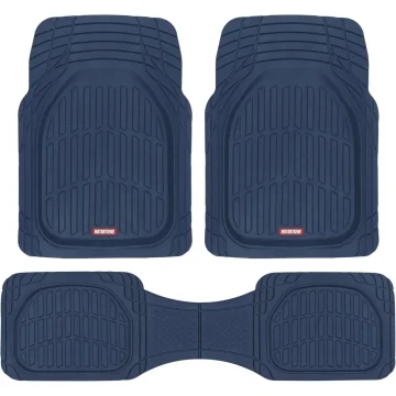 Blue rubber car floor mat set with two front mats and a connected rear mat, featuring deep grooves to trap dirt and moisture.