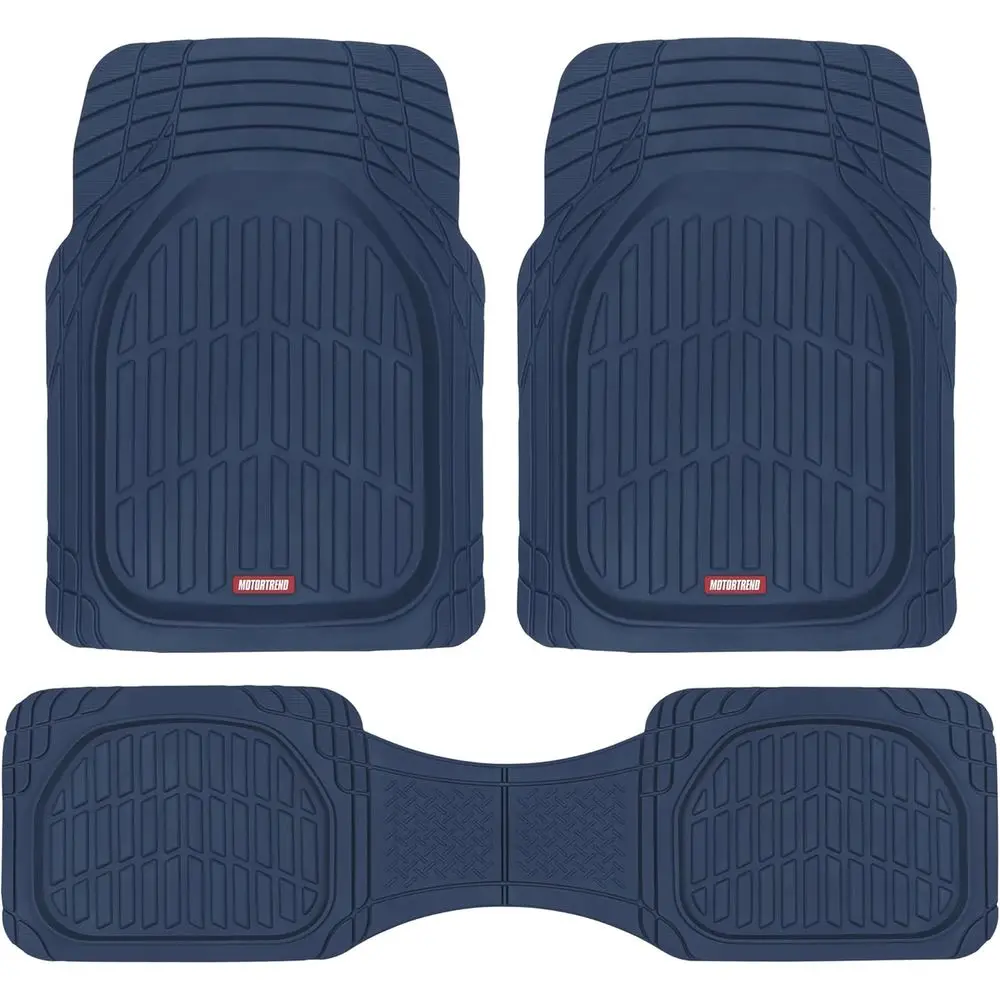 Waterproof TrimToFit Car Floor Mats for Cars and Trucks 1 | PricZone Blue rubber car floor mat set with two front mats and a connected rear mat featuring deep grooves to trap dirt and moisture | PricZone