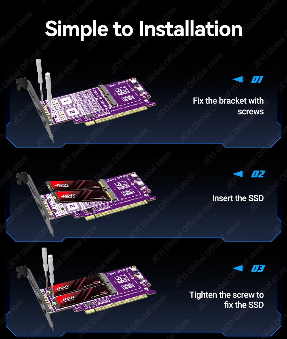 Jeyi Pcie 5.0 X16 Quad M.2 Expansion Card 512Gbps Support 19