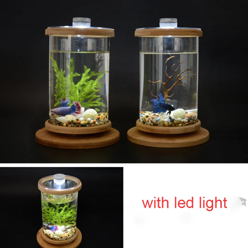 360 Degree Rotating Glass Betta Fish Tank Bamboo Base 13