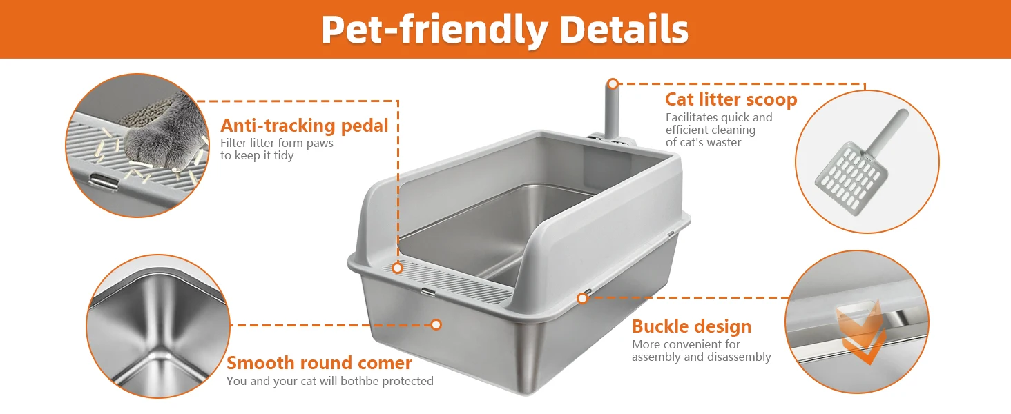 Stainless Steel Cat Litter Box Semi-Open High-Sided Pan 12