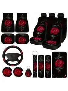 19Pc Red Rose Car Seat Cover Set with Floor Mats product image