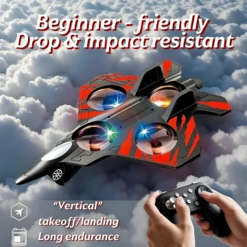 Promo image of an orange-and-black drone flying above clouds, with a handheld controller and the text 'Beginner-friendly Drop & impact resistant' and bullet points 'Vertical takeoff/landing' and 'Long endurance'.