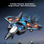 4G Remote Control Fighter Jet Plane Toy Drone for Kids 1 | PricZone Futuristic jet fighter with four spinning fans emitting blue and orange energy trails flying above a cityscape | PricZone