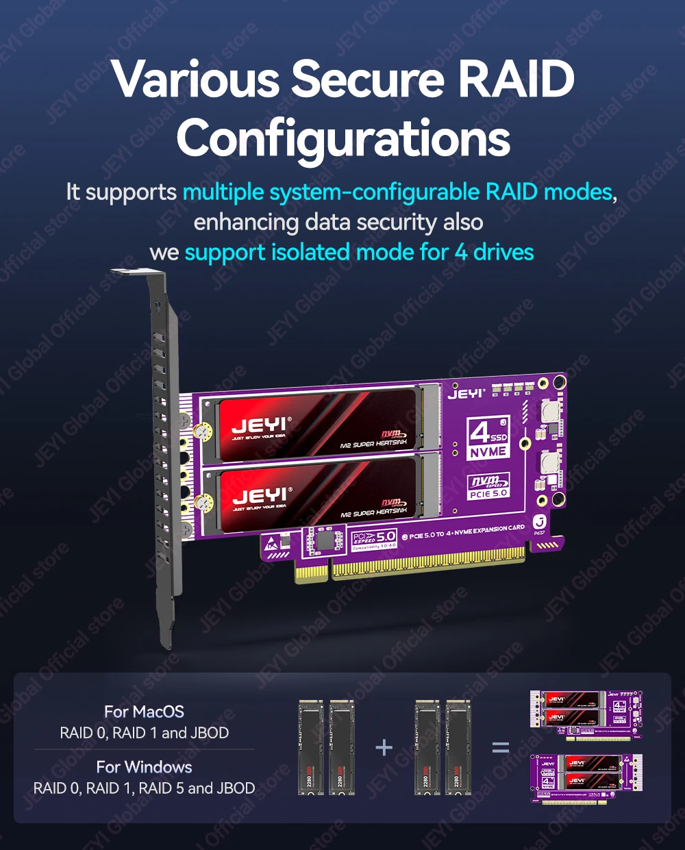 Jeyi Pcie 5.0 X16 Quad M.2 Expansion Card 512Gbps Support 9