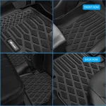 Collage of black rubber car floor mats with geometric tread patterns blue Front Row and Back Row labels | PricZone