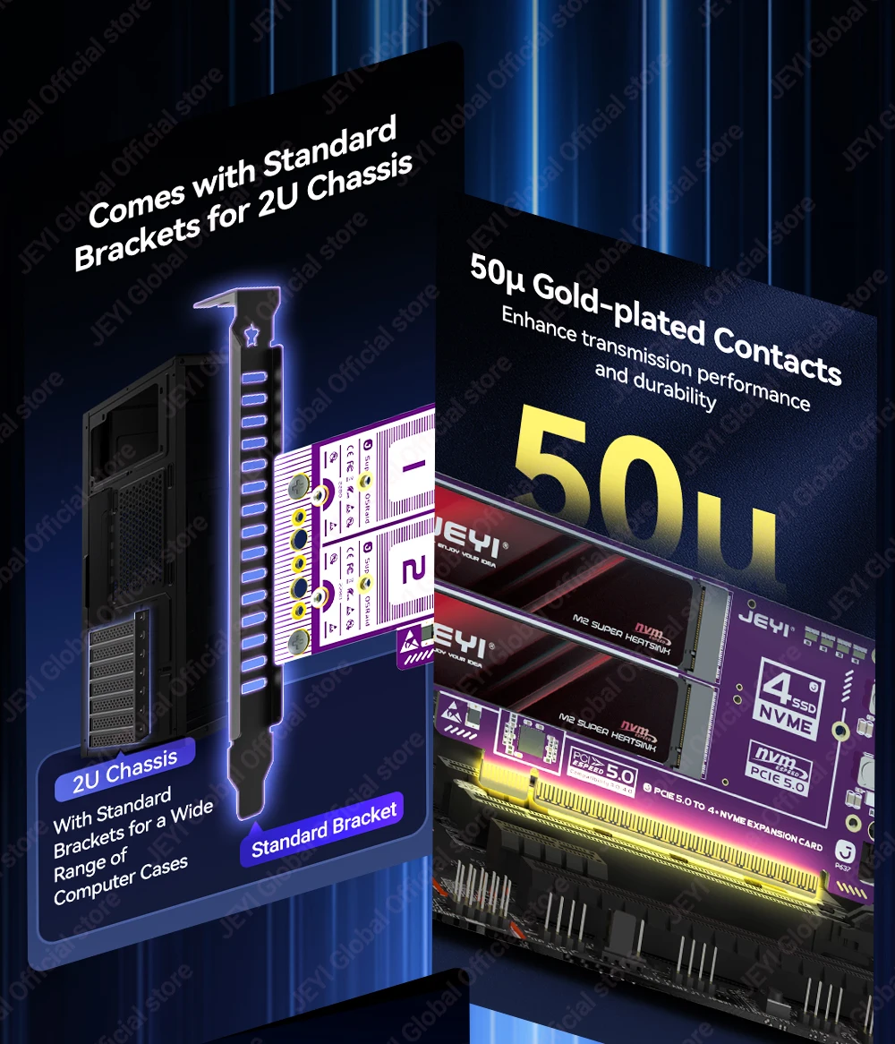 Jeyi Pcie 5.0 X16 Quad M.2 Expansion Card 512Gbps Support 16