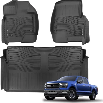 Set of black rubber floor mats for a pickup truck; includes front driver and passenger mats and a rear mat, shown with a blue pickup truck in the image.
