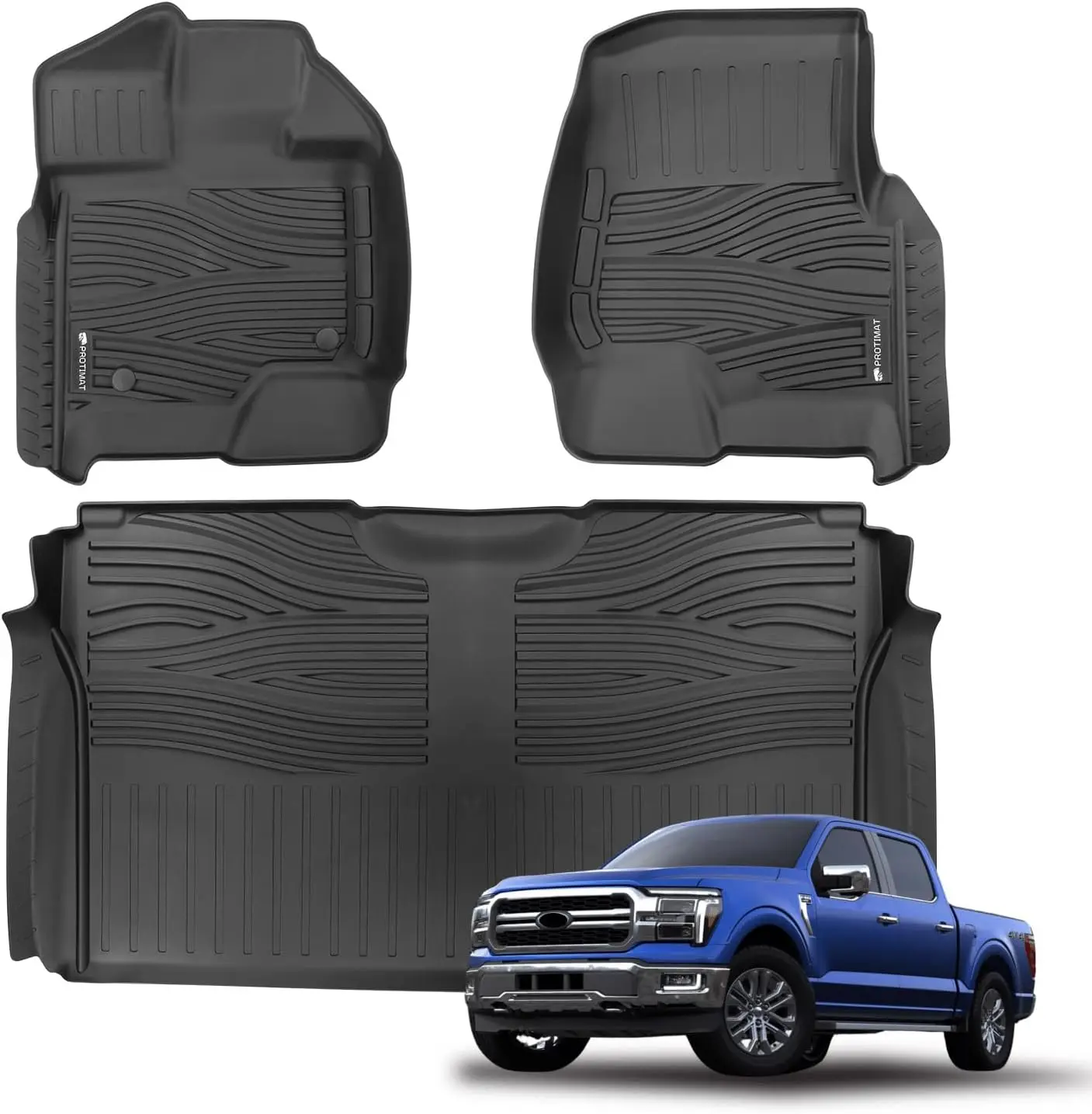 Ford F150 Lightning Floor Mats Custom Fit All Weather 1 | PricZone Set of black rubber floor mats for a pickup truck includes front driver and passenger mats and a rear mat shown with a blue pickup truck in the image | PricZone