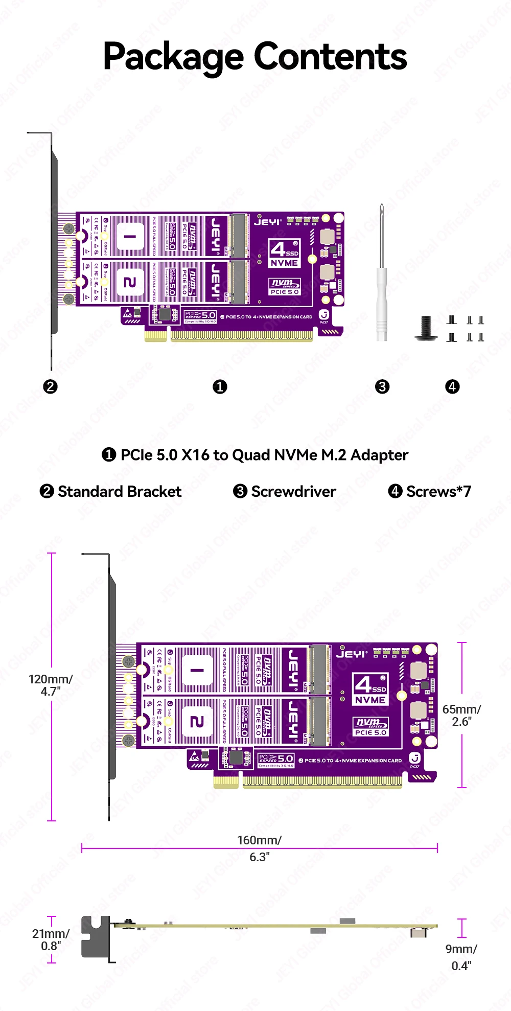 Jeyi Pcie 5.0 X16 Quad M.2 Expansion Card 512Gbps Support 21