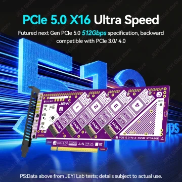 Jeyi Pcie 5.0 X16 Quad M.2 Expansion Card with 4-Bay Nvme 2